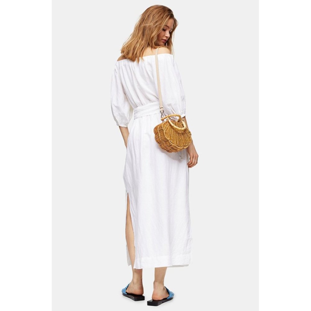 NEW Topshop Linen Blend Belted Bardot Midi Dress 6 - Picture 3 of 8